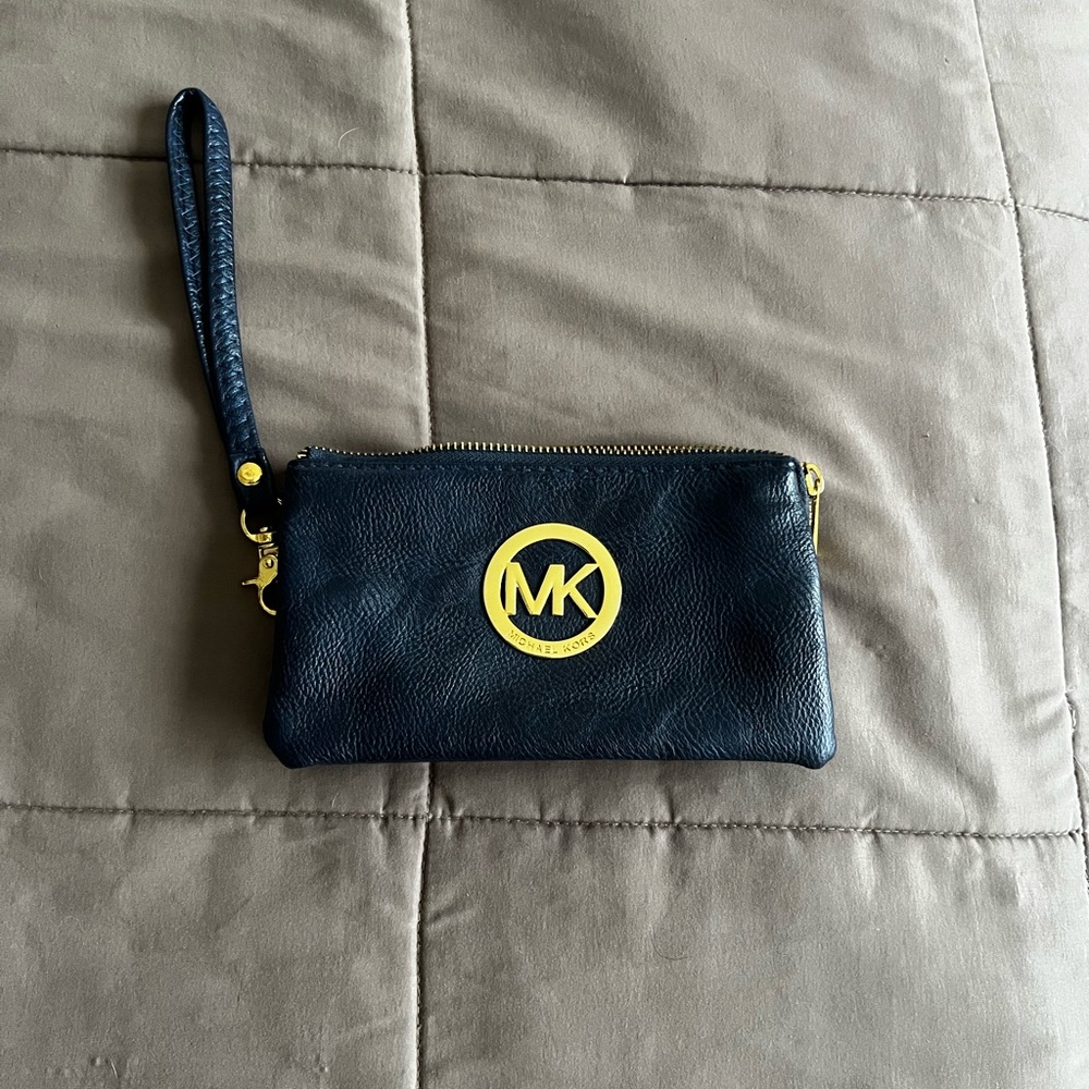 Michael Kors Black Leather Wristlet with Gold Accent